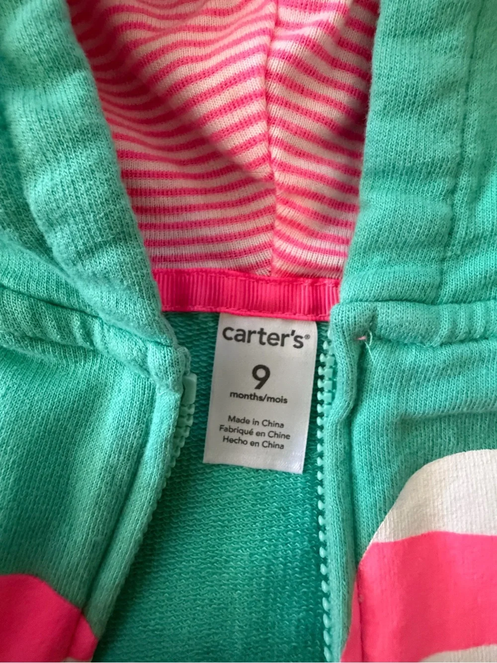 Carter's Mint Green Hoodie with Pink Striped Heart